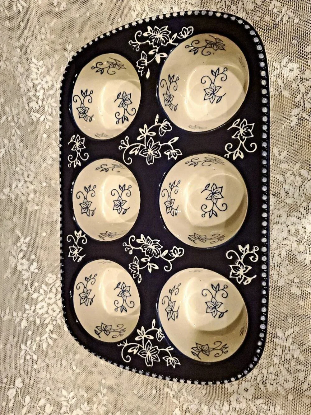 Temptations Cobalt Blue & White Floral Lace 6 Hole Cupcake Muffin Baker